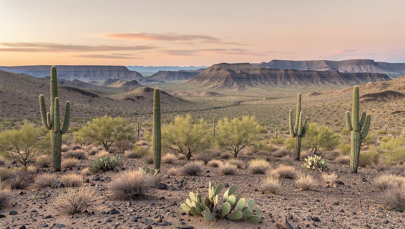 Sonoran desert foothills with saguaros near New River, Arizona